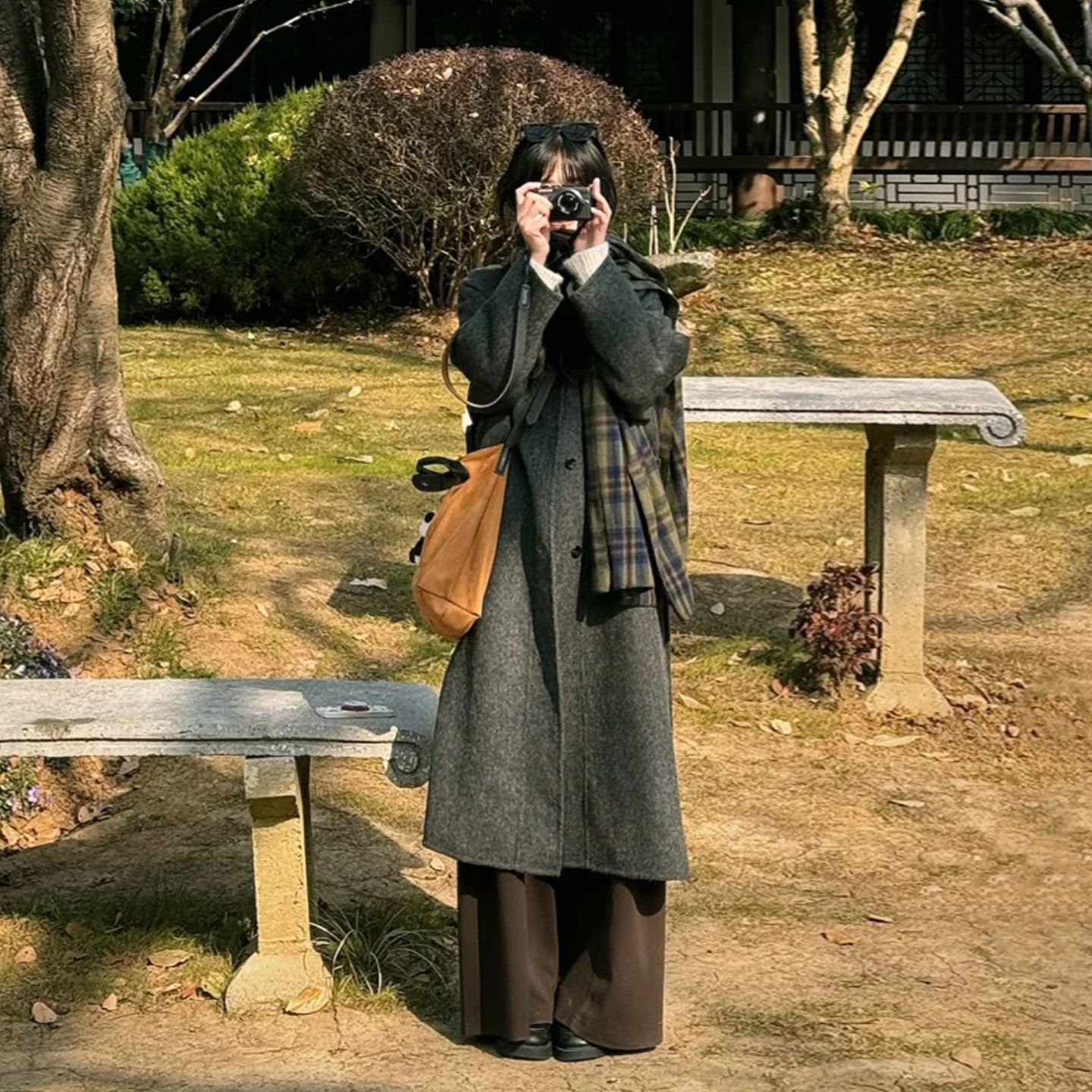 韩系灰色立领百搭呢子大衣