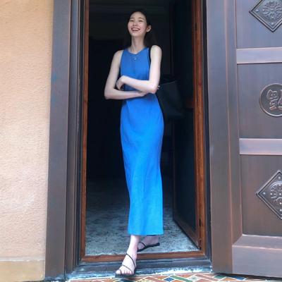 法式高级感气质蓝色背心连衣裙
