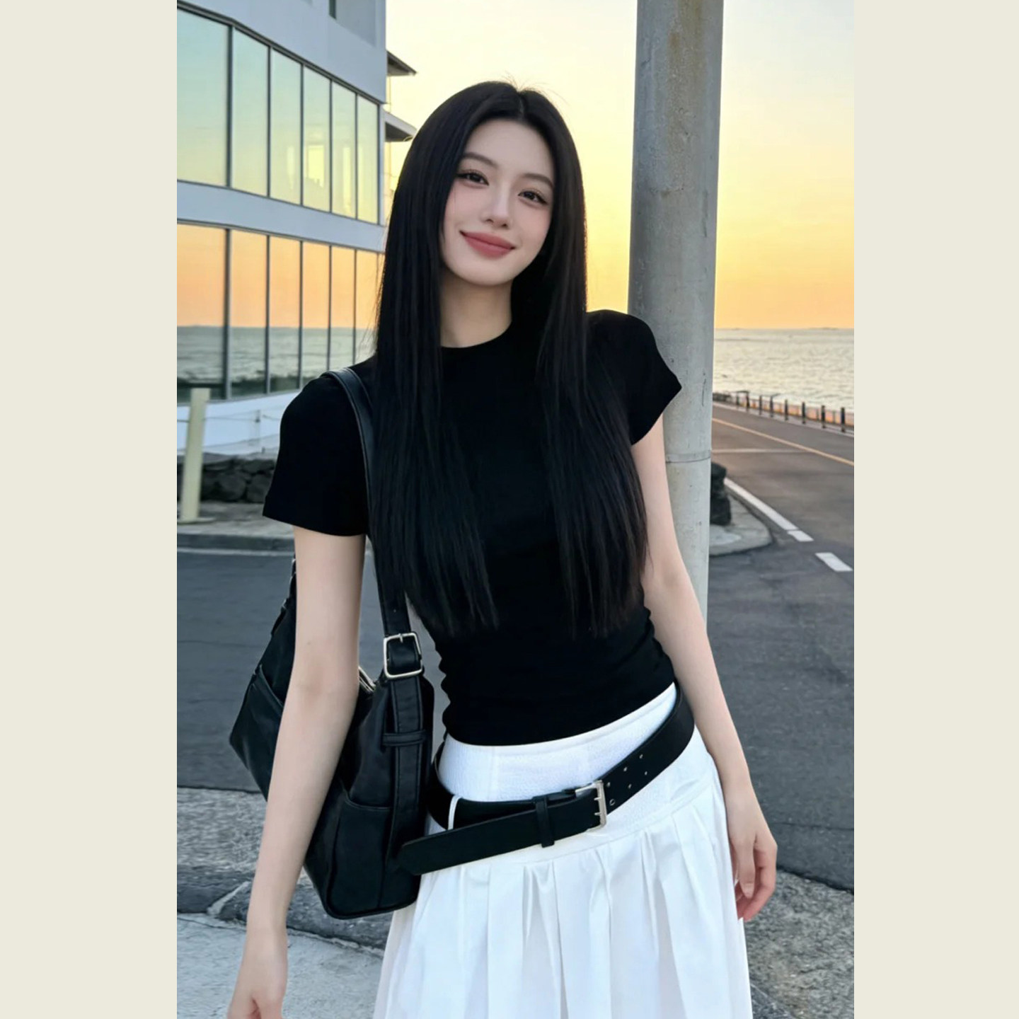 韩系简约黑色修身百搭短袖T恤女夏季高腰显瘦白色半身长裙两件套