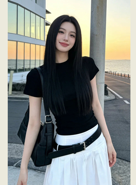 韩系简约黑色修身百搭短袖T恤女夏季高腰显瘦白色半身长裙两件套
