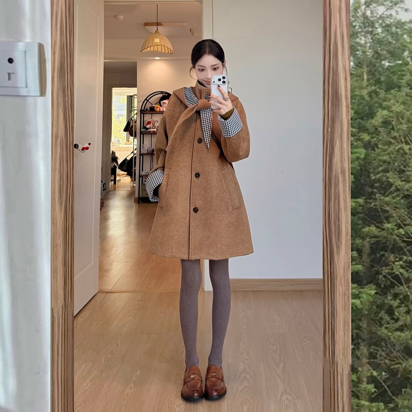 复古棕色格纹拼接连帽毛呢大衣女秋冬季小个子中长款休闲呢子外套