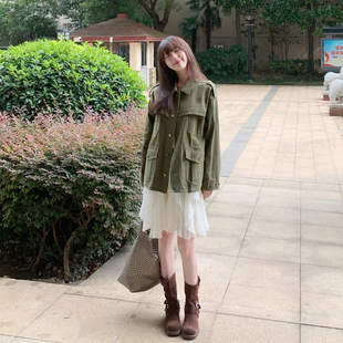 复古军绿色翻领工装风夹克女春秋季韩版宽松休闲百搭小个子外套