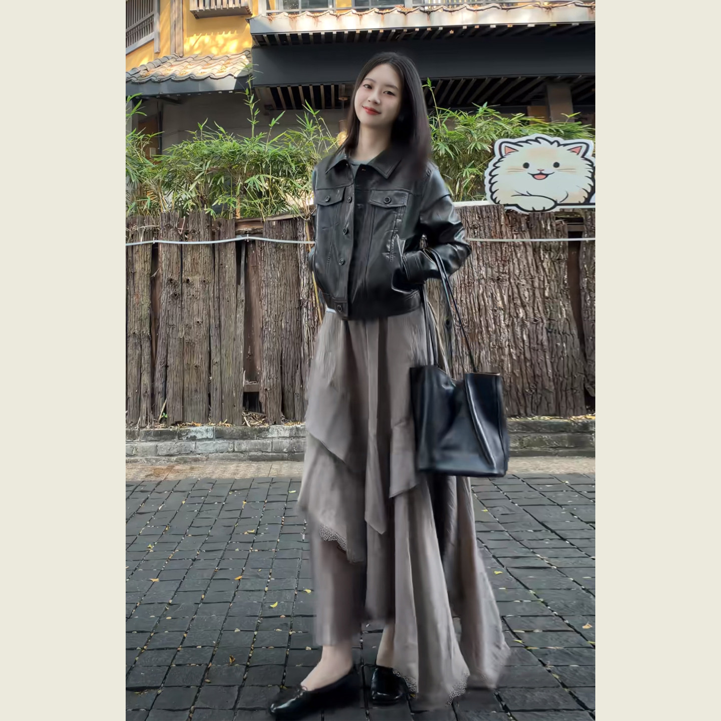 经典复古黑色翻领休闲廓形夹克女早秋新款酷飒风百搭短款皮衣外套