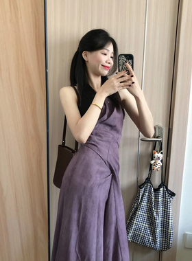 紫色挂脖V领绑带连衣裙女夏季新款法式温柔风收腰显瘦气质长裙