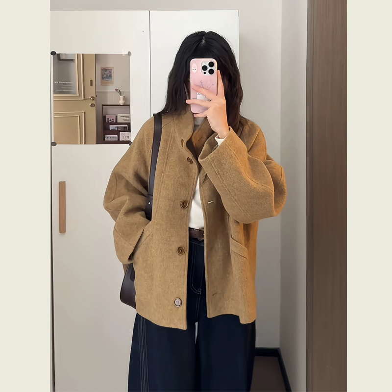 韩系复古棕黄色立领呢子大衣