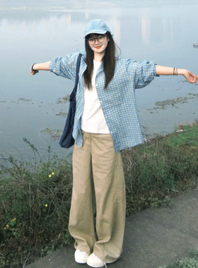 慵懒风休闲时尚套装女春秋新款蓝色格纹衬衫外套高腰阔腿裤两件套
