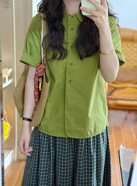 文艺复古慵懒休闲套装女夏季绿色polo领无袖衬衫高腰格子裙两件套