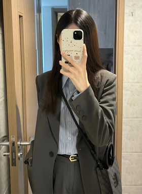 韩系灰色宽松显瘦西装外套女春秋季新款复古简约通勤百搭西服上衣