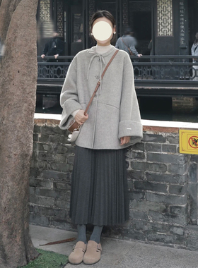 甜美减龄蝴蝶结灰色呢子大衣女秋冬短款小个子圆领显瘦毛呢外套