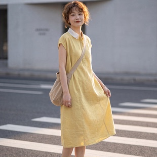 亚麻松弛感3层欧根纱翻领连衣裙2026夏季透气亚麻中长款裙子