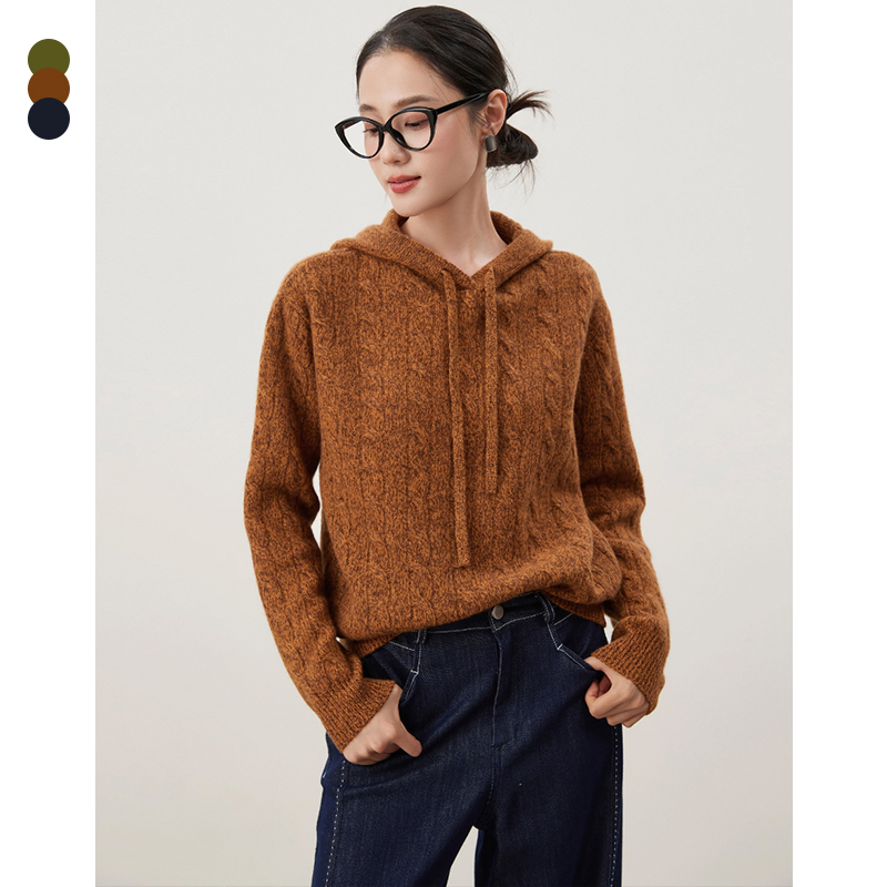 麻趣冬季新款连帽衫女100%绵羊毛花纱针织长袖毛衣外套