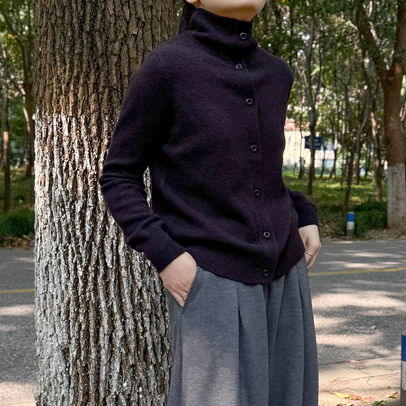 牦牛绒高领卷边纽扣开衫女宽松百搭针织衫深色简约休闲上衣