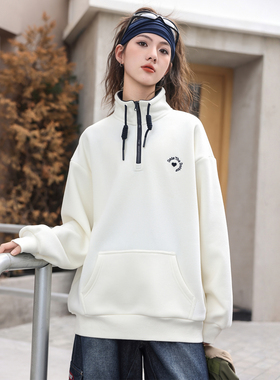 女大童加绒卫衣骄骄虎2025冬季新款初中生高中生一体绒polo领7497