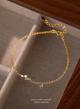 微镶锆石迷你蝴蝶结手链女s999纯银轻奢小众设计足银手饰首饰足银