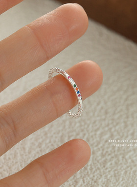 轻奢闪钻彩色锆石戒指女s925纯银韩版开口可调节时尚小众设计手饰