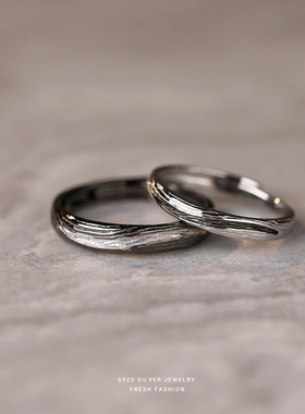 s925纯银七夕青丝白发情侣戒指几何小众国风拉丝气质设计活口对戒