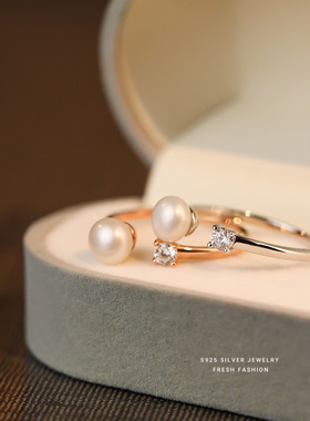 s925纯银天然珍珠闪钻戒指几何简约轻奢气质复古气质面包珠开口戒