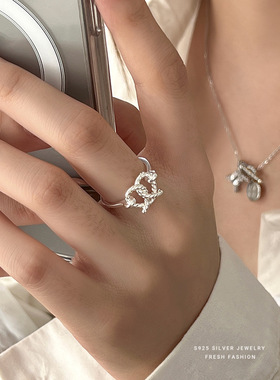 爱意交织戒指女s925纯银韩版ins风百搭开口蝴蝶酥指环爱心食指戒