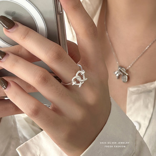 爱意交织戒指女s925纯银韩版ins风百搭开口蝴蝶酥指环爱心食指戒