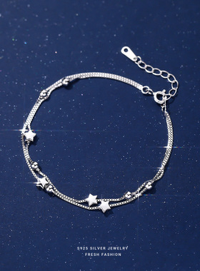 韩版S925银创意极简光面星星手链女双层叠戴ins百搭质感素银手饰