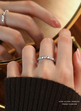 心连心微镶锆石爱心戒指女s999纯银开口百搭韩版轻奢指环足银手饰