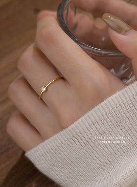 s925纯银金色白锆戒指女简约时尚设计小清新款指环个性开口戒足银