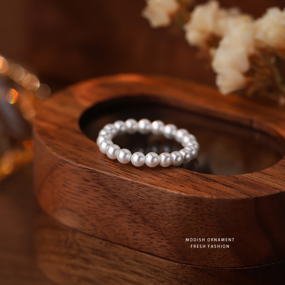 仿珍珠戒指女时尚极简轻奢法式弹力绳串珠指环精致手饰批发