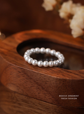 仿珍珠戒指女时尚极简轻奢法式弹力绳串珠指环精致手饰戒指