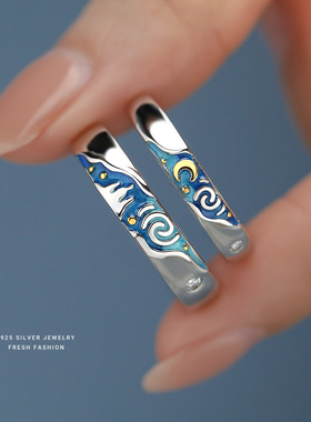 梵高星空情侣戒指s925纯银闪粉滴胶漫浪对戒创意百搭指环送女友