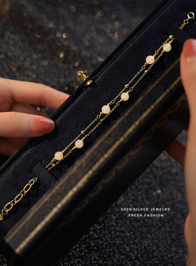 s925纯银和田玉圆珠双层手链复古国风气质转运珠轻奢精致百搭手饰