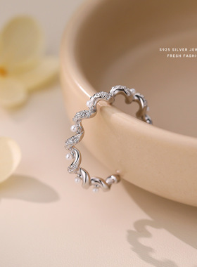 螺旋设计感S925纯银波浪珍珠戒指女爆闪时尚小众轻奢百搭食指戒