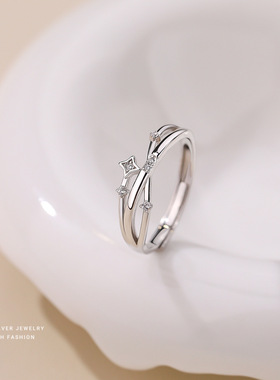 韩版流星戒指女s925纯银百搭时尚四芒星交叉设计感指环星星食指戒