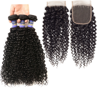 Peruvian Curly human Hair Bundles with closure Natural Color