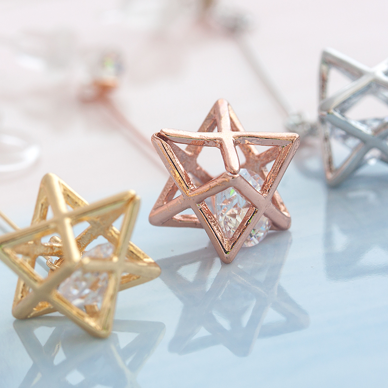 abwowo日本bing风透明树脂耳针耳夹爱情六芒星镂空日式锆石长耳饰