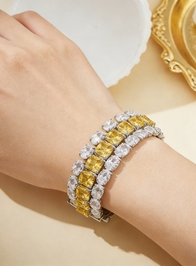 奢华钻石枕形黄钻蛋形白钻锆石三排黄钻石流苏手链时尚高贵魔猫