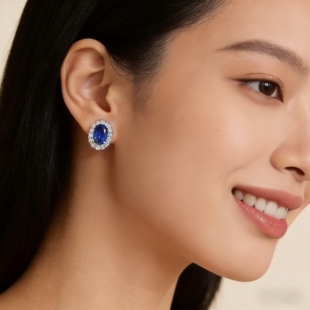S925银6*8mm椭圆蓝钢玉法式轻奢主婚纱晚礼服新娘耳环耳钉气质女