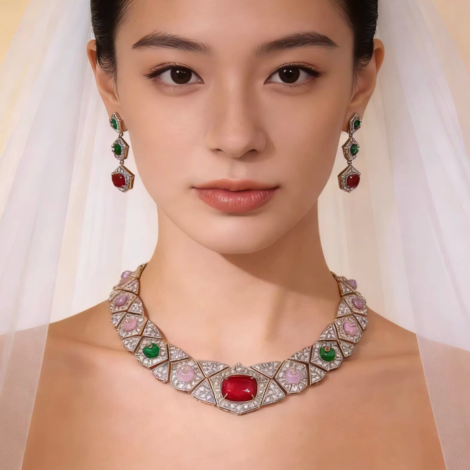法式复古彩色粉钻红宝石新娘晚宴礼服项链女设计感时尚锁骨链小众