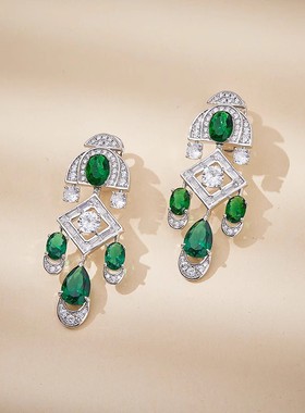 欧美夸张镀银法式宝石耳环流苏新娘婚纱晚礼服饰品镶嵌绿色长耳饰