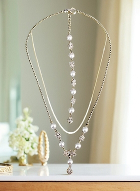 新娘欧美晚礼服婚纱配饰结婚大气珍珠后背主纱项链长款性感背饰女