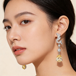 法式轻奢小众设计高级感长款黄钻水滴耳环方圆脸显瘦晚宴礼服耳饰
