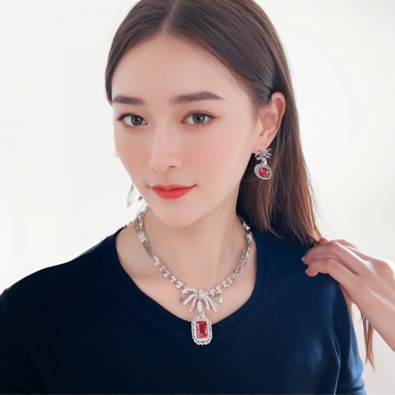 法式高级感红色蝴蝶结轻奢抹胸一字肩晚礼服婚纱晚宴拍照项链新娘