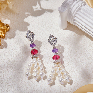 铜镀金满钻红紫珠人工贝珠流苏耳环时尚彩珠流苏白珠耳坠耳饰圆脸