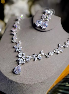 奢华大气锆石晚礼服婚纱晚宴配饰超仙新娘项链耳环套装韩式女金色