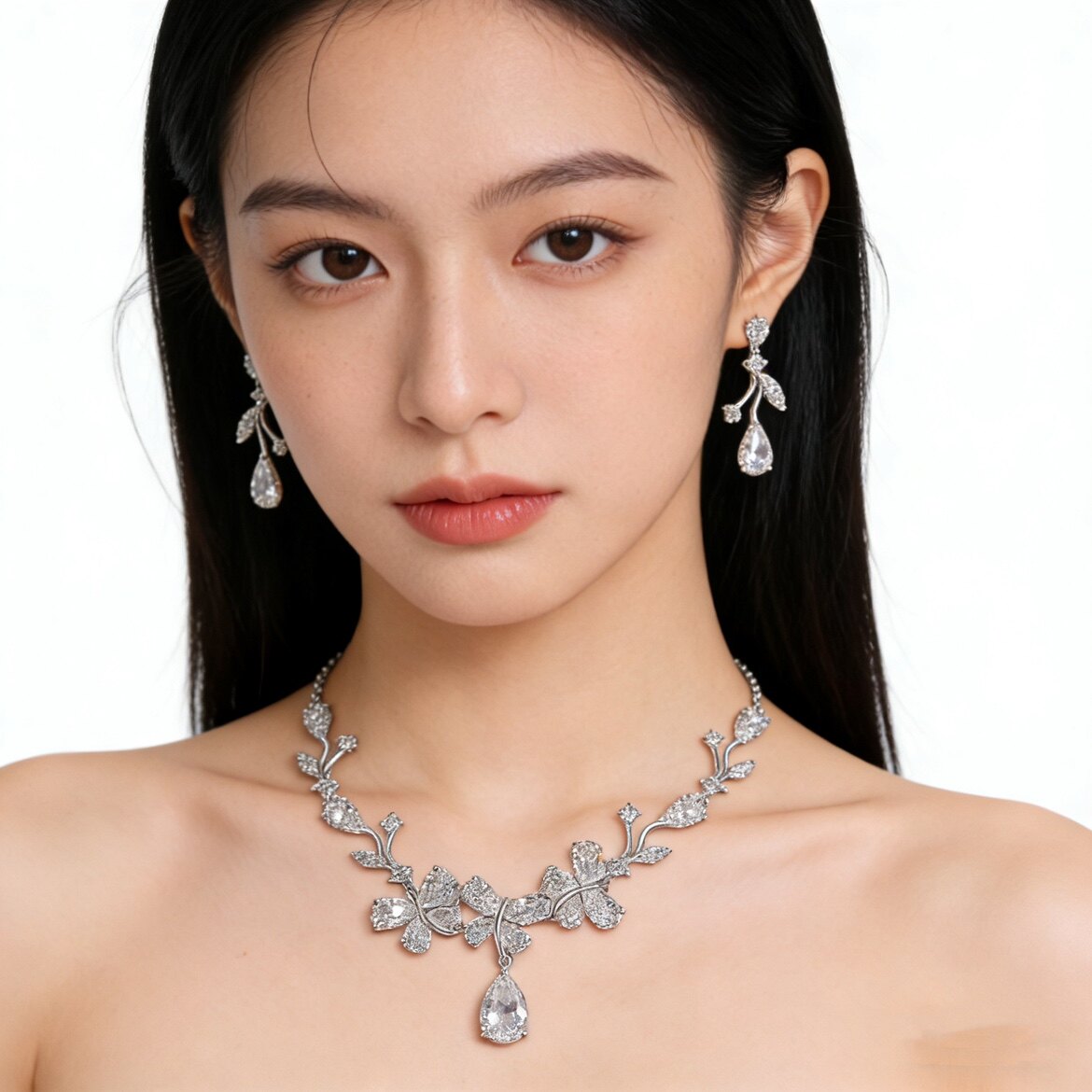 魔猫昭昭法式新款简约花朵锆石新娘项链礼服婚纱宴会生日演出套链