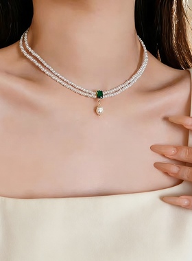 魔猫昭昭法式优雅双层项链复古高级感贝壳圆珠链条祖母绿颈链