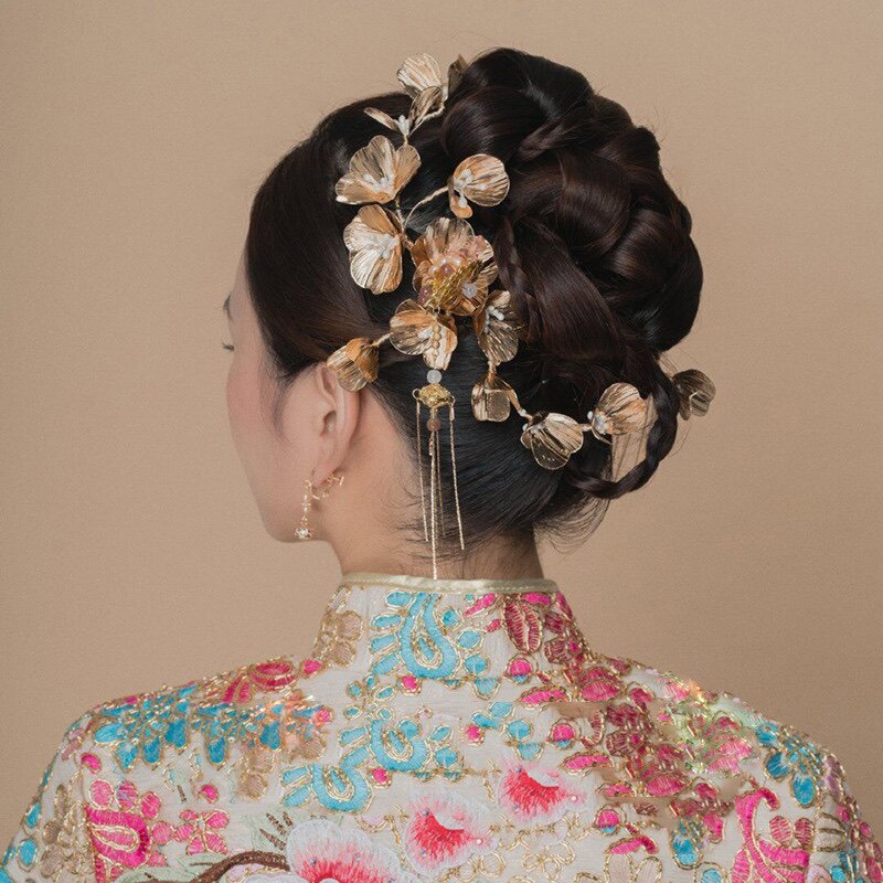 新中式国风国潮秀禾新娘头饰金色婚纱敬酒服晚礼服头饰结婚发饰