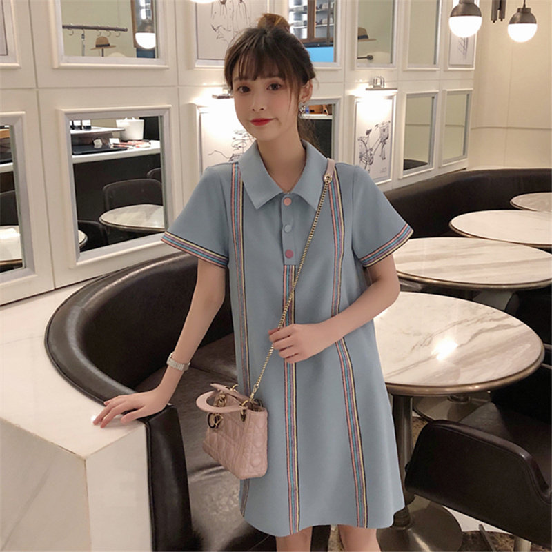 现货 2022新款彩虹雪纺连衣裙夏季小清新Polo领裙子女显瘦学院风
