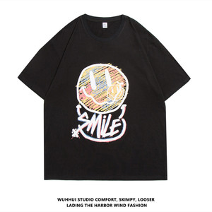 2021夏季新款 港风潮流笑脸印花港风短袖T恤男女 A10-P20 控38图片