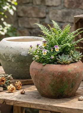 mrstao多肉花盆粗陶创意透气泥瓦盆红陶兰花绿萝盆具吸水异形陶瓷