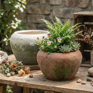 mrstao多肉花盆粗陶创意透气泥瓦盆红陶兰花绿萝盆具吸水异形陶瓷